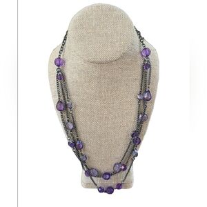 3 Strand Necklace with Purple Beads and Silver Toned Chain 23" Long